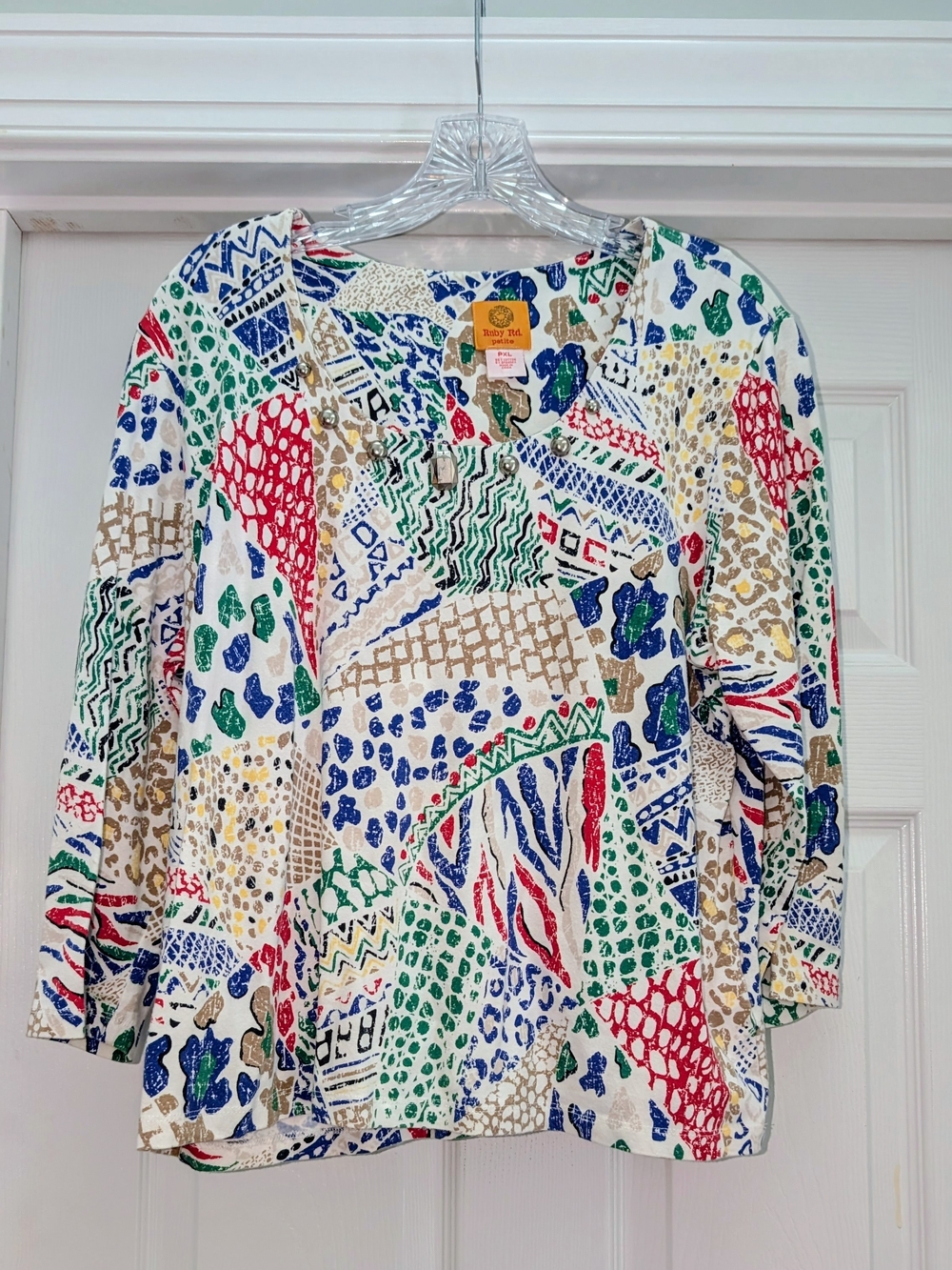 Ruby Rd. Multicolor Abstract Patchwork Long Sleeve Tee